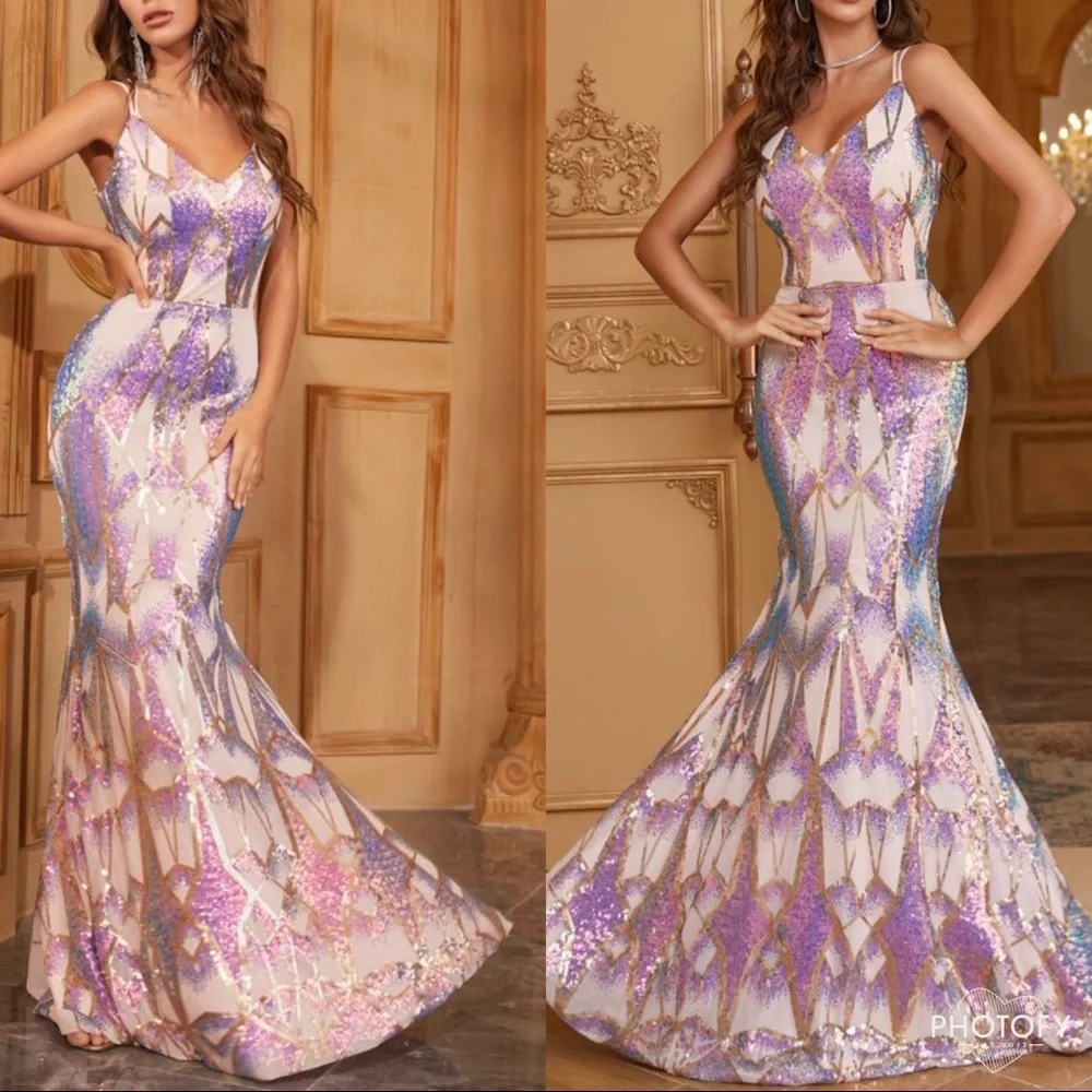 Luxurious Sequins Mermaid Backless Prom Evening Party Formal Gown Floor Dress - Picture 4 of 11